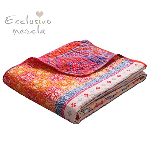Exclusivo Mezcla Cotton Boho Stripe Quilted Throw Blanket, Reversible Colorful Printed Paisley Quilt Blanket, 50X60 Inch, Machine Washable and Dryable, Pink