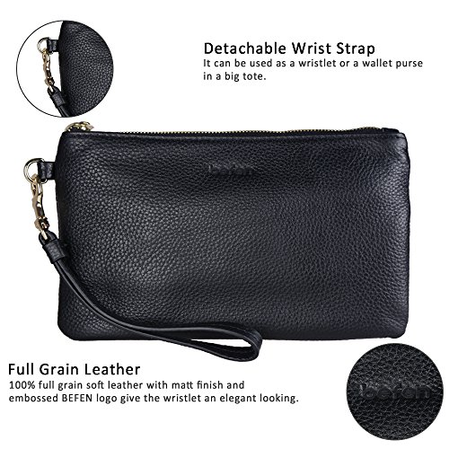befen Black Genuine Leather Wristlet Clutch Cell Phone Wallet Purse Smartphone Wristlet Wallet Purses and Handbags for Women