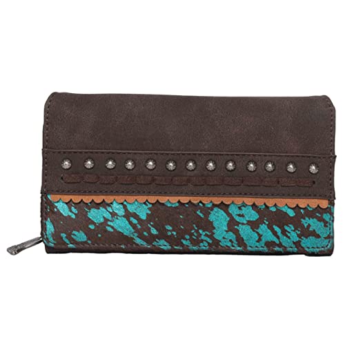 Montana West Womens Leather Wallet Clutch Western Tooled Studded w Hair(Coffee Whipstitched Trinity Ranch Leather)