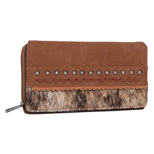 Montana West Womens Leather Wallet Clutch Western Tooled Studded w Hair(Coffee Whipstitched Trinity Ranch Leather)