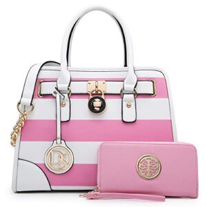 dasein women handbags top handle satchel purse shoulder bag hobo bag work bag set 2pcs (pink/white)