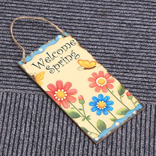 OULII Easter Gift Happy Easter Plaque Wooden Hanging Plaque Festival Wall Door Decorative Sign Hanger Home Decoration Photo Props Favors (Welcome Spring)