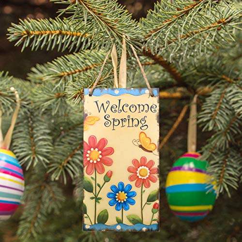 OULII Easter Gift Happy Easter Plaque Wooden Hanging Plaque Festival Wall Door Decorative Sign Hanger Home Decoration Photo Props Favors (Welcome Spring)