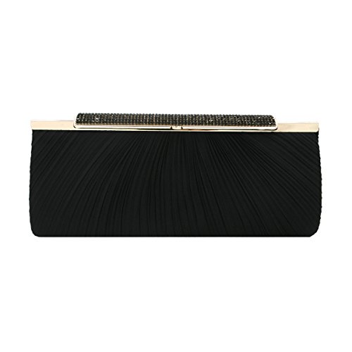 Premium Crystal Top Pleated Satin Hard Frame Clutch Evening Bag