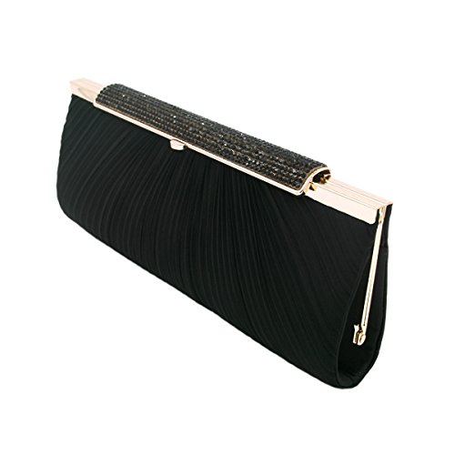 Premium Crystal Top Pleated Satin Hard Frame Clutch Evening Bag