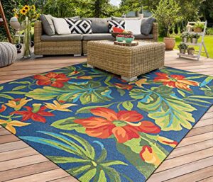 couristan covington tropical orchid indoor/outdoor area rug, 5’6″ x 8′, azure/forest green/red