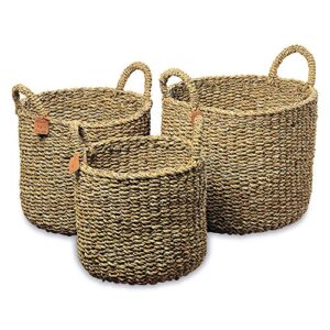 made by nature seagrass baskets, round top handles, natural chunky sweater weave, set of 3, made by hand, from over 1.5 feet tall to 1 feet 2 inches, ideal for storage