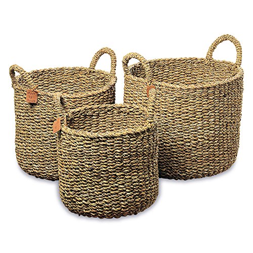 Made by Nature Seagrass Baskets, Round Top Handles, Natural Chunky Sweater Weave, Set of 3, Made by Hand, From Over 1.5 Feet Tall to 1 Feet 2 Inches, Ideal for Storage