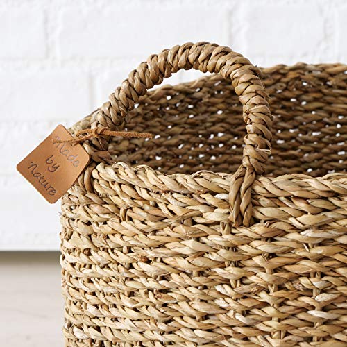 Made by Nature Seagrass Baskets, Round Top Handles, Natural Chunky Sweater Weave, Set of 3, Made by Hand, From Over 1.5 Feet Tall to 1 Feet 2 Inches, Ideal for Storage