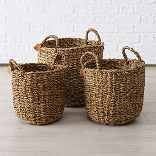 Made by Nature Seagrass Baskets, Round Top Handles, Natural Chunky Sweater Weave, Set of 3, Made by Hand, From Over 1.5 Feet Tall to 1 Feet 2 Inches, Ideal for Storage