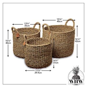 Made by Nature Seagrass Baskets, Round Top Handles, Natural Chunky Sweater Weave, Set of 3, Made by Hand, From Over 1.5 Feet Tall to 1 Feet 2 Inches, Ideal for Storage