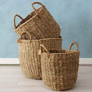 Made by Nature Seagrass Baskets, Round Top Handles, Natural Chunky Sweater Weave, Set of 3, Made by Hand, From Over 1.5 Feet Tall to 1 Feet 2 Inches, Ideal for Storage