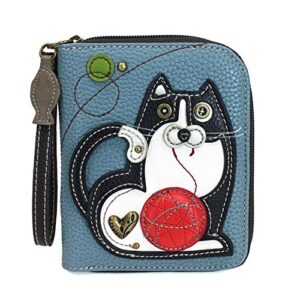 chala zip around wallet, wristlet, 8 credit card slots, sturdy pu leather – fat cat – bluegray
