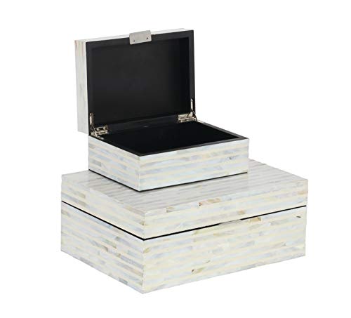 Deco 79 Mother of Pearl Handmade Box with Hinged Lid, Set of 2 12", 8"W, White