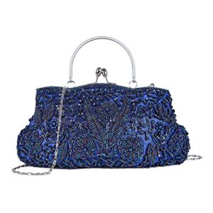 kisschic vintage beaded sequin design clutch purse evening bag (navy blue)