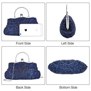 KISSCHIC Vintage Beaded Sequin Design Clutch Purse Evening Bag (Navy Blue)