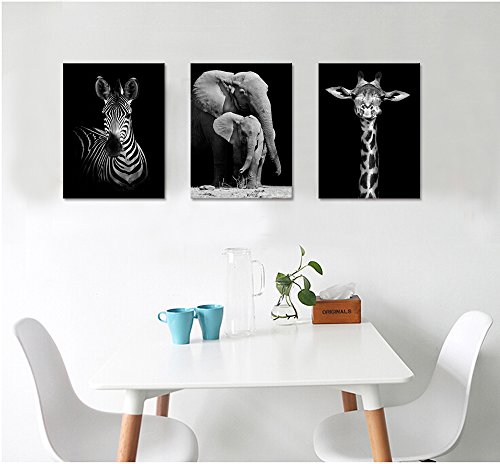 Visual Art Decor Black and White African Wildlife Canvas Wall Art Animal Zebra Giraffe Elephant Portrait Picture Poster Artwork for Home Living Room Bedroom Room Kids Room Office Wall Decoration Ready to Hang