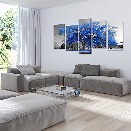 Kreative Arts Canvas Print Wall Art Painting Contemporary Blue Tree In Black And White Style Fall Landscape Picture Modern Giclee Stretched And Framed Artwork (Large Size 60x32inch)