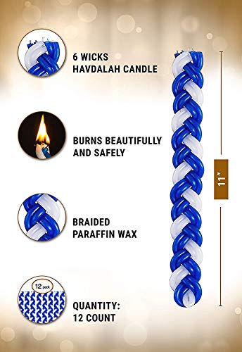 Ner Mitzvah Braided Havdalah Candle - 12-Pack Flat Blue and White Paraffin Wax - Handcrafted Havdallah Candle - Shabbat Judaica Gift