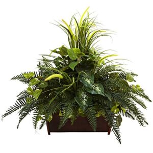 nearly natural 6792 mixed grass and river fern with wood planter, 30.75” x 12.5” x 22.5”