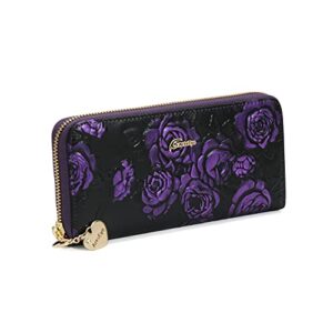 ArtsEye Rose Embossed Genuine Leather Zip Around Wristlet Wallet (Purple)