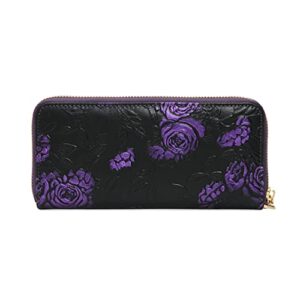 ArtsEye Rose Embossed Genuine Leather Zip Around Wristlet Wallet (Purple)