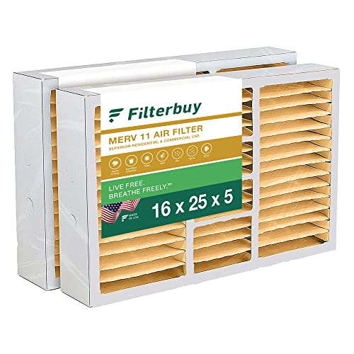 Filterbuy 16x25x5 Air Filter MERV 11 Allergen Defense (2-Pack), Pleated HVAC AC Furnace Air Filters Replacement for Honeywell FC100A1029, Lennox X6670, Carrier P102-1625, Air Kontrol, Bryant, Day & Night, and Payne (Actual Size: 15.75 x 24.75 x 4.38)