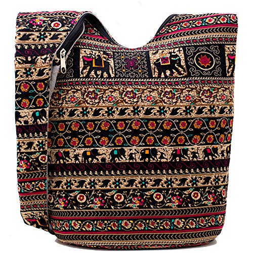 Hippie Crossbody Bag Thai Top Zip Hobo Sling Bag Handmade Hipster Messenger Bag (Elephant)