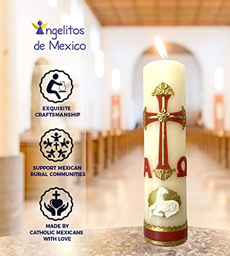 Alpha Omega Candle for Baptism, Confirmation, Easter Lent Cirio para Bautizo, Confirmacion O Boda Cirio Pascual (Red)