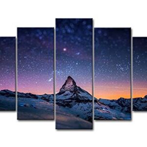 5 Piece Starry Night Sky Wall Art Purple Star Skyline Over The Mountain Painting Prints On Canvas The Picture Landscape Artwork for Home Modern Decoration Print Decor for Living Room