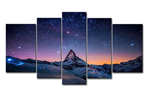 5 Piece Starry Night Sky Wall Art Purple Star Skyline Over The Mountain Painting Prints On Canvas The Picture Landscape Artwork for Home Modern Decoration Print Decor for Living Room