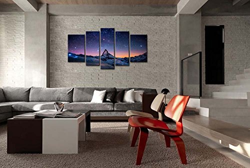 5 Piece Starry Night Sky Wall Art Purple Star Skyline Over The Mountain Painting Prints On Canvas The Picture Landscape Artwork for Home Modern Decoration Print Decor for Living Room