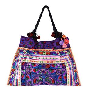 changnoi unique fair trade tote bag embroidered fabric large size from thailand (bird purple)