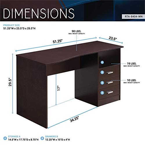 Techni Mobili Classic Computer Desk with Multiple Drawers, 29.5" x 23.6" x 51.2", Wenge