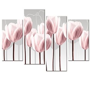 floral canvas wall art,canvas print pink tulips for wall decor, framed and stretched 4 panels elegant flowers canvas prints (01 pink tulip)