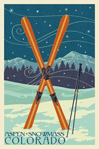 aspen, snowmass, colorado, crossed skis letterpress (16×24 giclee gallery art print, vivid textured wall decor)
