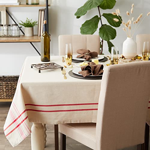 DII French Stripe Dining Table Collection Farmhouse Style Tablecloth, 70 Inches Round, Taupe/Red