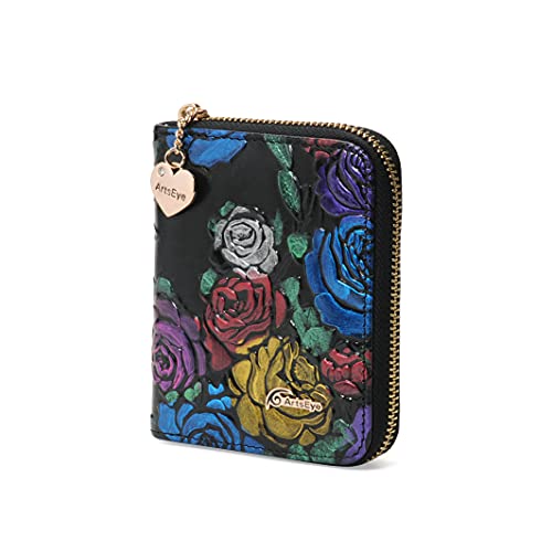 ArtsEye Women's Short Zip Around Wallet (black rose)