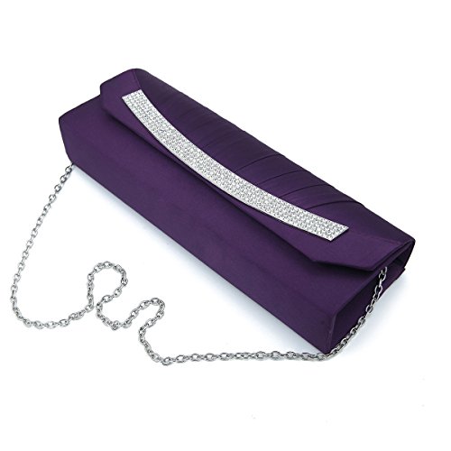 Elegant Pleated Satin Flap Rhinestones Clutch Evening Bag, Purple