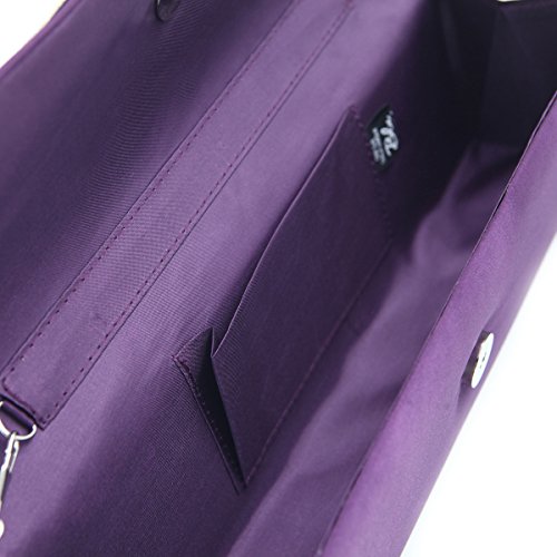 Elegant Pleated Satin Flap Rhinestones Clutch Evening Bag, Purple