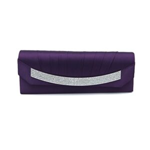 Elegant Pleated Satin Flap Rhinestones Clutch Evening Bag, Purple