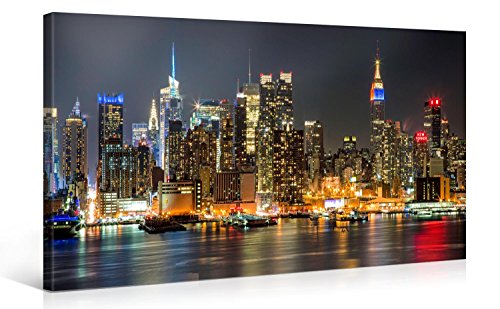 Picanova Illuminated Manhattan New York 100 x 50 cm - Premium Canvas Print - Art Print on 2 cm Wooden Stretcher Frame for Bedroom and Living Room Print on Canvas, Multi-Colour