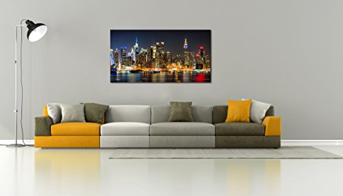 Picanova Illuminated Manhattan New York 100 x 50 cm - Premium Canvas Print - Art Print on 2 cm Wooden Stretcher Frame for Bedroom and Living Room Print on Canvas, Multi-Colour