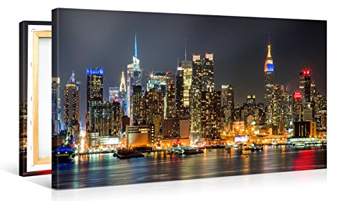 Picanova Illuminated Manhattan New York 100 x 50 cm - Premium Canvas Print - Art Print on 2 cm Wooden Stretcher Frame for Bedroom and Living Room Print on Canvas, Multi-Colour