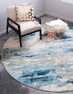 unique loom chromatic collection modern & vibrant abstract area rug for any home décor (6′ 0 x 6′ 0 round, light blue/beige)
