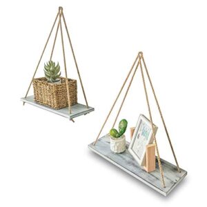 asliny [set of 2 distressed wood hanging swing rope floating shelves (rustic white)
