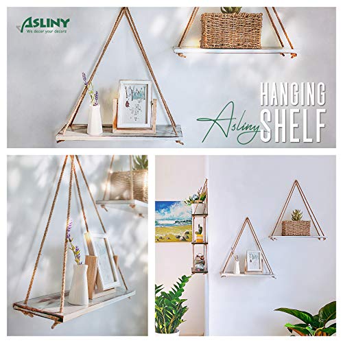 ASLINY [Set of 2 Distressed Wood Hanging Swing Rope Floating Shelves (Rustic White)