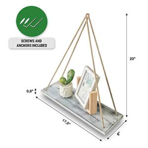 ASLINY [Set of 2 Distressed Wood Hanging Swing Rope Floating Shelves (Rustic White)