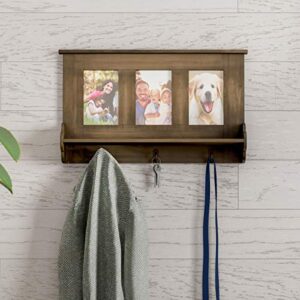 lavish home rustic wood look, wall shelf collage with ledge and 3 hanging hooks-photo frame décor shelving, holds 4×6 pictures, 19” x 3.5” x 11.5