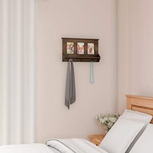 Lavish Home Rustic Wood Look, Wall Shelf Collage with Ledge and 3 Hanging Hooks-Photo Frame Décor Shelving, Holds 4x6 Pictures, 19” x 3.5” x 11.5